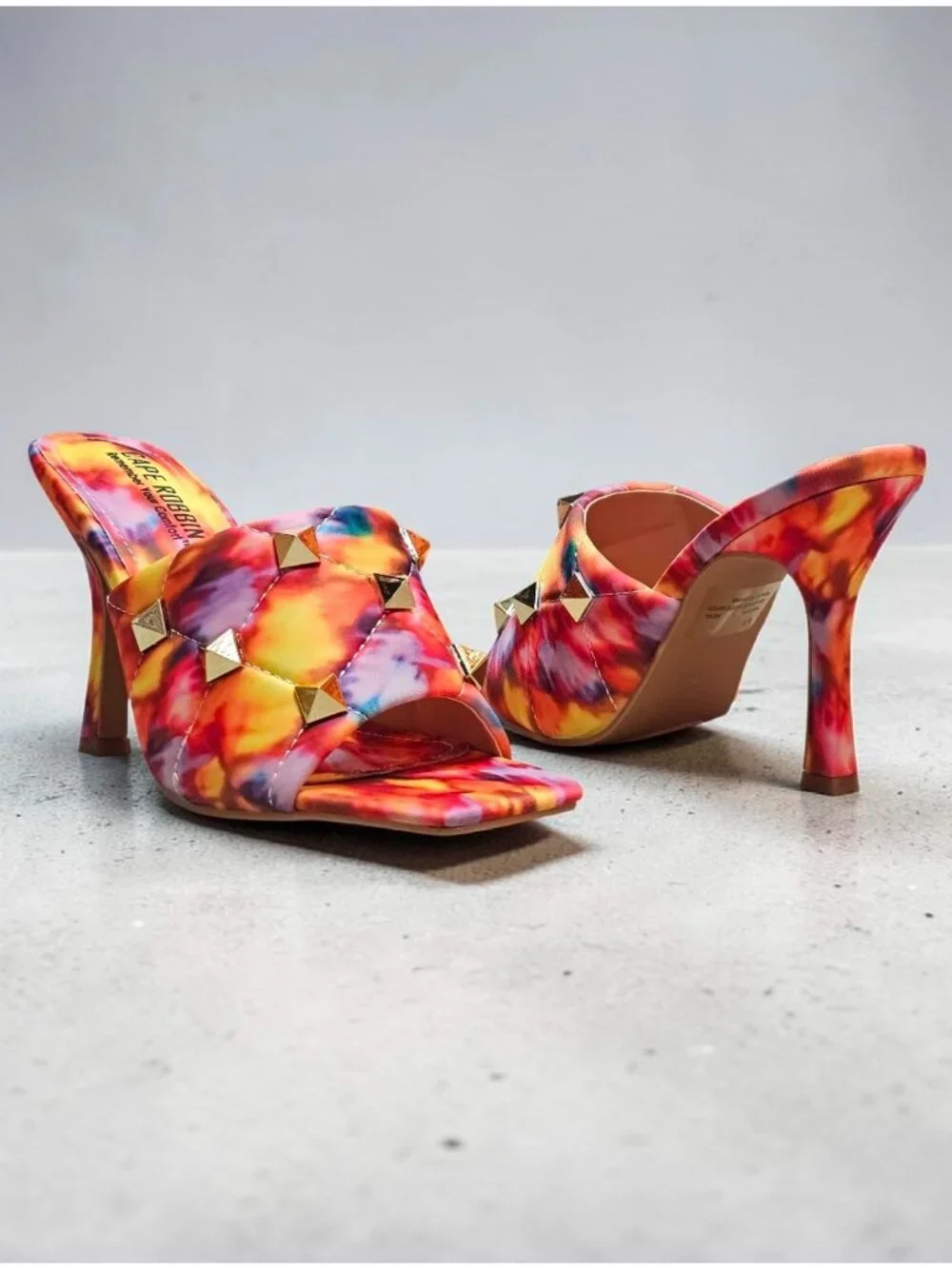 Colorful Tie-Dye Studded High Heel Mules With Quilted Detail & Open Toe Design F